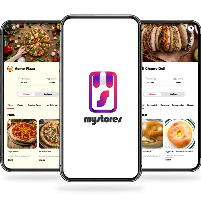 MyStores ordering app on three phones